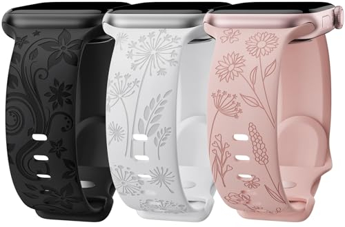 3 Stück Floral Gravierte Silikon Armband Kompatibel mit Apple Watch Armband 41mm 40mm 38mm iWatch Serie 9 Ultra SE 8 7 6 5 4 3 2 1 für Damen, A38