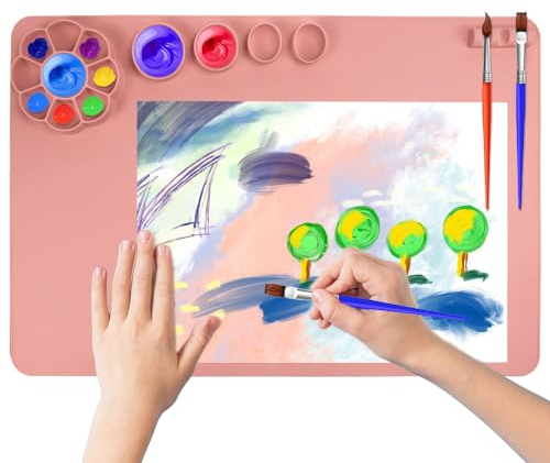 HEKOBAG Silicone Painting Mat, 24×16 Silicone Craft Mat Large Silicone Mat with Built in Palette & Paint Holder, Collapsible Non-Stick Washable Paint Mat for Painting, Resin Casting, DIY & Clay