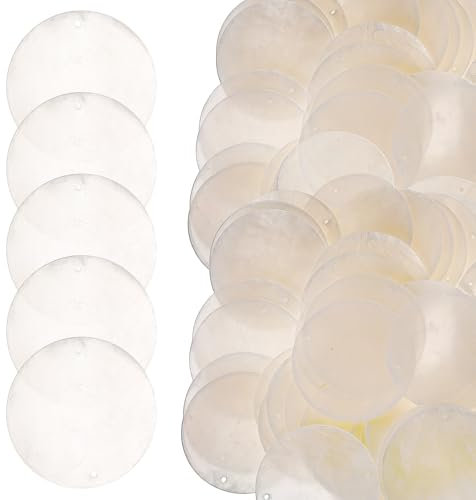 LALAFINA 50 Stück runde Muscheln, runde natürliche Capiz mit 2 Löchern, Muschel Perlen, Muscheln Zum Basteln Für Fenster Windspiele Und Mediterrane Wohnkultur Runde