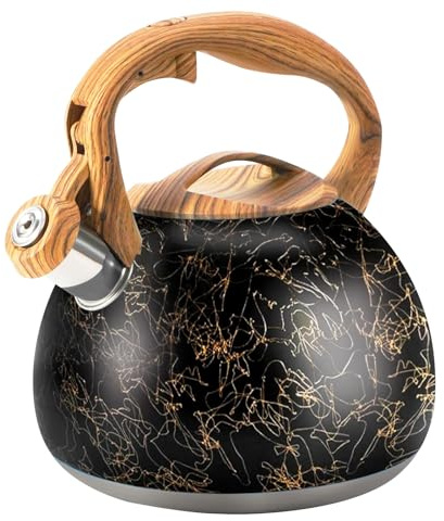 Foedo 3.2Qt Stainless Steel Whistling Tea Kettle Stovetop, Golden Line | Loud Whistling Spout, Cool Touch Wood Grain Handle, Rustproof Food Grade Steel, Compatible With All Stovetops