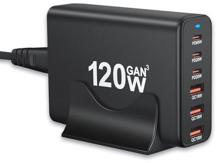BAHOND 120W GaN III 6 Ports USB C Fast Charging Station Hub Block Portable Wall PD Charger Power Adapter With 3 USB-C + 3 USB-A, 65W Port for MacBook Pro/Air, iPhone 15 14 13 12 11, Galaxy S24 S23 S22