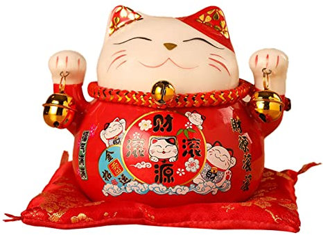 Glückskatzen Spardose 12 x 9 x 10 cm Japanische Deko Maneki Neko Keramik Glückskatze Spardose Feng Shui Münzbank Glücksbringer Kleingeld Spartopf für Schreibtischdekoration (Rot)