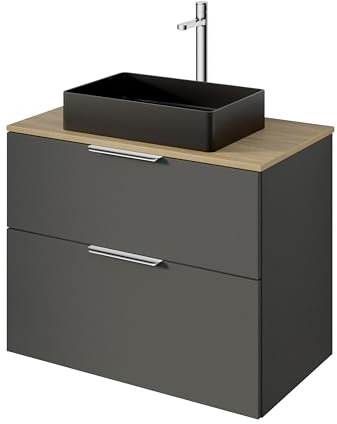 BERNSTEIN Unterschrank in Anthrazit matt für Aufsatzwaschbecken - 79,8 x 45,5 x 62 cm - Waschbeckenunterschrank mit 2 Schubladen, mit Waschtischplatte in Anthrazit, Badschrank Griff in Chrom