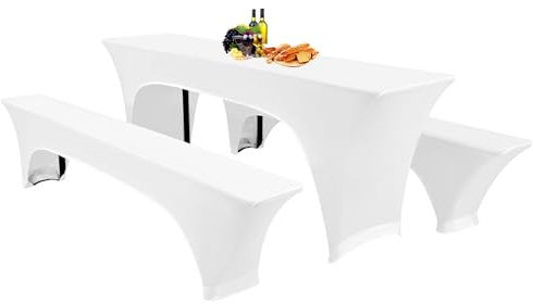 Showgeous 3 Stück weiße Biertischhussen Stretch-Biertisch- und Hockerhussen-Set für 50 cm Tischbreite Bierzelt-Set 220 x 50 x 80 cm für Bankett-Gartenmöbel im Freien
