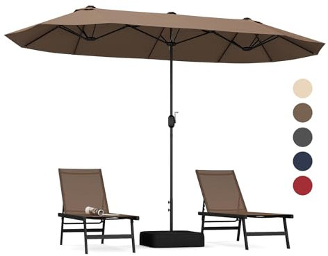 RELAX4LIFE Grand Parasol de Jardin Extérieur avec Pied, Parasol Double Terrasse avec Manivelle, Polyester Hydrofuge, Protection UV, 2 Sacs de Sable, Montage Facile, pour Marché Terrasse (Marron)
