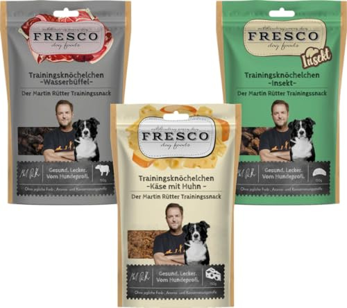 Fresco Martin Rütter Trainingsknöchelchen Probierpaket | je 1x Wasserbüffel, Huhn & Insekt | 3 x 150 g | Natürlicher Monoproteinsnack | Leckerer Snack für Hunde