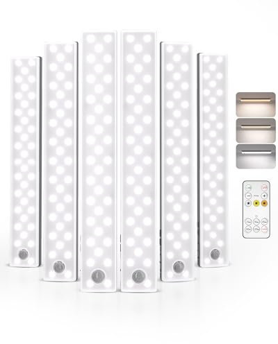 EZVALO Schrankbeleuchtung 6 Stück 23cm 62 LED, 1600mAh Unterbauleuchte Küche LED mit 3 Farbtemperaturen, Dimmbare Kabellose Schranklicht mit Bewegungsmelder für Kleiderschrank, Küche
