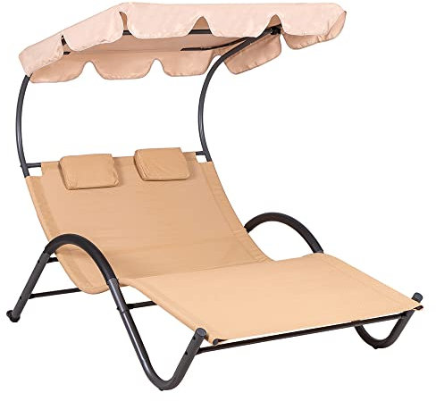 Hortan Lettino Ondulato 2 Posti Con Struttura Prendisole In Acciaio, Seduta Ergonomica In Tessuto Textilene e Tetto Parasole Per Arredo Giardino, Terrazzo e Piscina