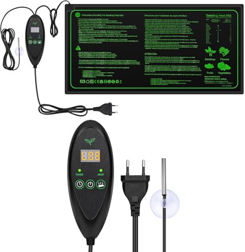 Pfloge® Heizmatte mit Thermostat, Wärmematte Terrarium, PVC wasserdichte Pflanzen Gewächshaus Heizkissen mit 6 Temperaturstufen und 6 Timerstufen für Sämlinge, Haustiere, 20x10 Zoll 30W