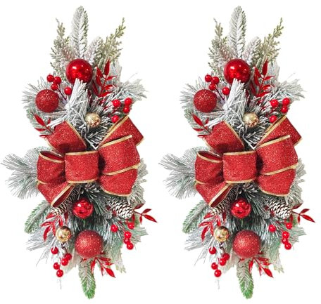 MCDSAJ Festoni Artificiali di Natale, Festoni Natalizi per Scale, Festoni di Pino Artificiale con Fiocchi, Ghirlanda Natalizia Classica per Decorazioni per Porte, Scale, Caminetti, (B)