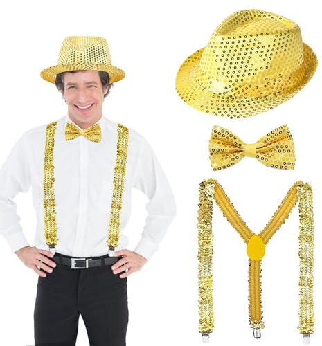 3 Stück Glitzer Accessoires Herren Pailletten Zylinder Hut Hosenträger Glitzer Fliege und Hosenträger Herren Glitzer Kostüm Herre Pailletten Hosenträger Set für Karneval Fasching Mottoparty