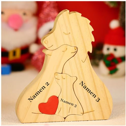 NGTSFLY Personalisierte Bärenfamilie Holzkpuzzle Geschenke – mit 2-9 Namen – Familien Geschenk – Holz Bär Skulpturen als Desktop Ornament, Tischdekoration (Löwe)