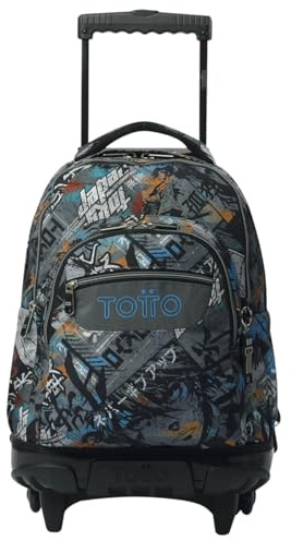 TOTTO - Mochila Escolar con Ruedas, Modelo Renglones, Capacidad 26,21 Litros, Bolsillo para PC 14, Bolsillo Botella, Correas en S para Mayor Comodidad, Resistente, Estampado Okubo