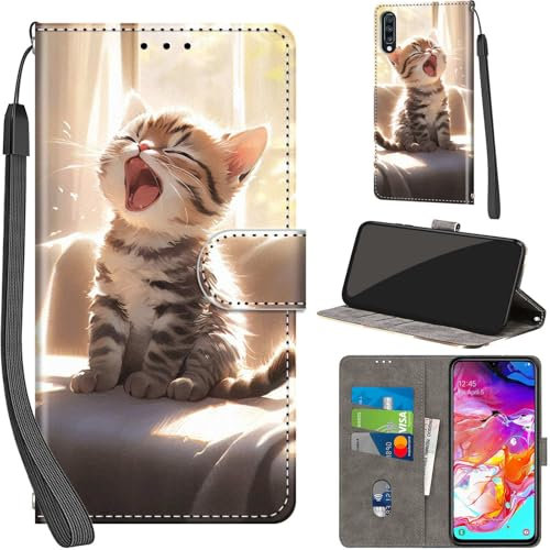 Handyhülle für Samsung Galaxy A70 Hüllen Premium Leder Case Klappbar Wallet Magnet Kartenfach Standfunktion Schutzhülle kompatibel mit Samsung A70 Cover,Katze
