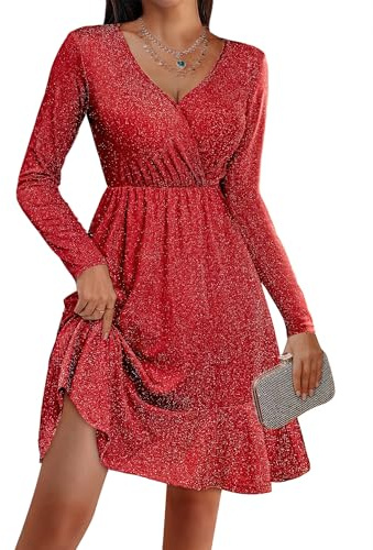 Zeagoo Kleid Damen Elegant Glitzerkleid V-Ausschnitt Partykleid Langarm Minikleid Festliche Paillettenkleid Cocktailkleid mit Rüschen EchtesRot S