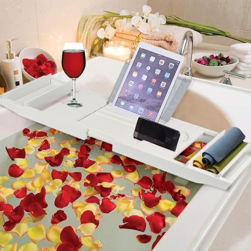 Super Chariot pour Bain en Bamboo,Plateau de Rangement,avec Les tablettes Liseuses universelles,Expérience de Spa de détente pour Maison de Luxe Extensible pour Les salles de Bain70-105cm