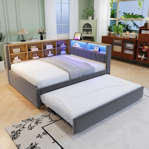 Polsterbett Doppelbett 140x200, Tagesbett Schlafsofa mit Ausziehbett&LED Licht&USB-Anschluss&vielen Ablagefächern, Bettgestell Gästebett Jugendbett mit Lattenrost, Flanell, Ohne Matratze, Dunkelgrau