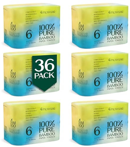 Premium Bambus-Papierhandtücher, umweltfreundlich, 2-lagig, 75 Blatt/Rolle, Packung mit 6 Rollen, 36 Rollen pro Packung, super saugfähig und nachhaltig, Palm Naki (75 Blatt mit 36 Stück)