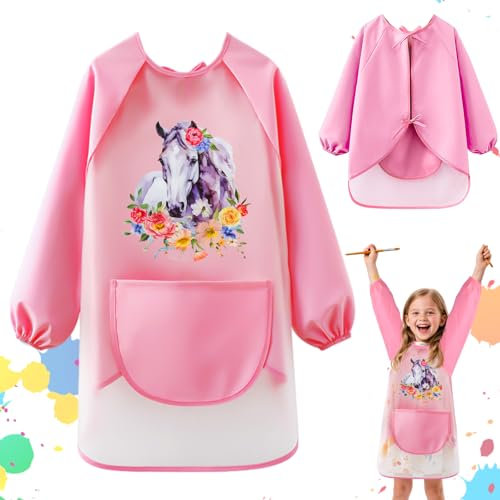 Tutukyle Malschürze Kinder- Wasserdicht Malkittel Schule 1.Klasse, Malschürze Kinder Schule ab 6 Jahre, Kinderschürze mit Taschen, Malerkittel Bastelschürze Tuschkittel für Basteln Malen Kochen