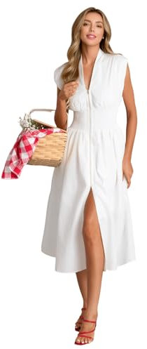 HEYPORK Damen Frühling Sommer Kleider Lässig Bequem Kleid Modern Elegant Röcke Frauen Taillierte Temperament V-Ausschnitt Plissiert Reißverschluss Kleid(Weiß, XL)