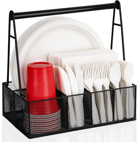 NACIMAX Paper Plate Organizer with Handle for Countertop, Metal Silverware Caddy for Napkins, Cups, Paper Plate and Utensil Holder, Cutlery Caddy for Party, Camping, Picnic