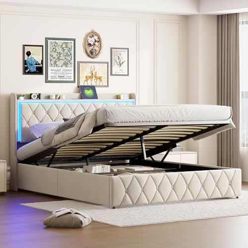 FOERPL Dubbelsäng med förvaringsutrymme, 140 x 190 cm, stoppad säng med LED-belysning och USB-port, sängram i sammet med ribbotten och vadderad sänggavel, modern (utan madrass)