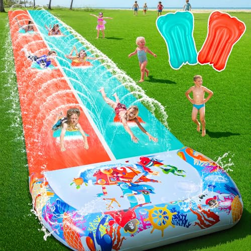 Suonncudst 46FT Slip Double Water Slides with 2 Bodyboards, Extra Long Lawn Water Slides for Kids Adults Heavy Duty, Giant Outdoor Inflatable Water Slip Toys with Crash Pad for Backyard Summer Party