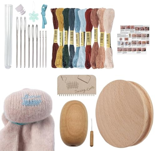 Set zum Stopfen | Stopfscheibe mit 9 Nadeln - für Holz mit Einfädler und mit 10 Farben Nähgarn, für Kleider, Pullover Jeans und Stickerei