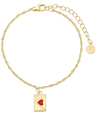 Brandlinger ® Armband Damen Silber 925. Briefumschlag Anhänger 11mm mit Emaille Herz. Singapurkette 1,5mm mit 18 Karat Gelb- oder Weißgold. Armbandlänge verstellbar 16-20cm.