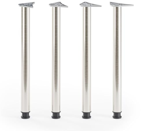 ATM Lot de 4 Pieds de Table 82cm Pieds de Cuisine Réglables en Hauteur Métal Pieds de Meubles Ø 60mm pour Plan de Travail Îlot Central Support Rond Robuste - Nickel Brossé