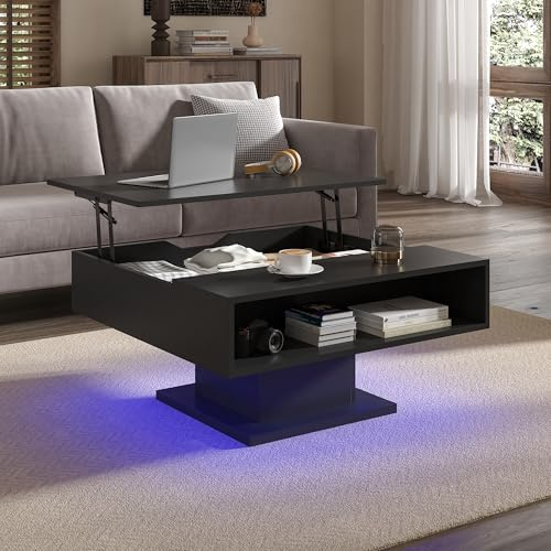 KEEPREAPER Lift Top Coffee Table with Storage, Square Black Led Coffee Table with Large Hidden Storage, Wood Living Room Table Led Center Table for Dining Reception Room, Black