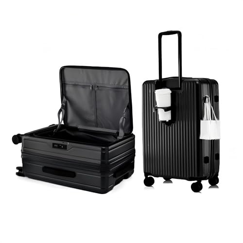 Aoliwei Multifunktionaler Vorderöffnender Reisekoffer aus PC mit TSA-Zollschloss, Cup-Halter und Taschenhaken, Großer 26 Zoll Trolley für Geschäftsreisen & Urlaub mit 8 Rollen,Schwarz