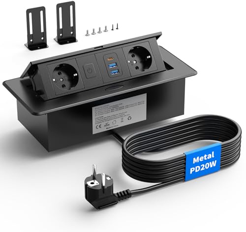 Pindus Versenkbare Steckdose mit USB-C PD 20W, Aluminium, Schalter | 2-fach, 2x USB-A, 2500W/10A, Bündiger Einbau, 1,8 m Kabel, Schreibtisch & Küche