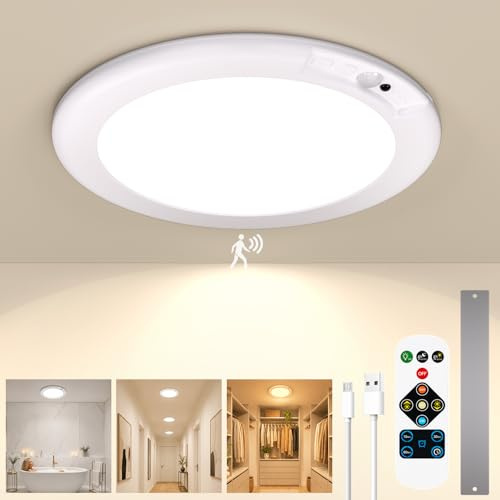 GOODEA 25CM Rechargeable Ceiling Light 8000mAh, 3 Sensor Mode & 3 Color | 45 Days Runtime & Remote Control, Magnetic Motion Sensor Lights Indoor Rechargeable for Bathroom Shed Garage