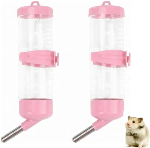 2 Pieces Guinea Pig Water Bottle, Small Animal Water Dispenser, Pet Drinking Bottle for Multi-Cage Hydration and Travel Use, Gerbils Mice Rats Guinea Pigs Rabbits Chinchillas (125ml-Pink)