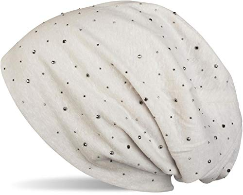styleBREAKER Damen Beanie Mütze mit edler Strass-Nieten Applikation, Longbeanie Slouch 04024037, Farbe:Creme-Beige