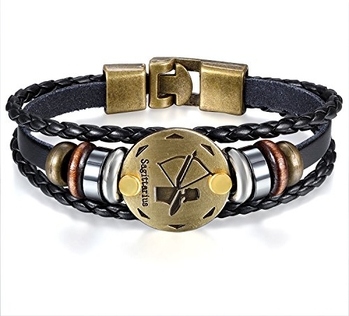 JewelryWe Schmuck Herren Damen Schütze Armband, 12 Tierkreis Sternzeichen Horoskop Charms Druckknopf Armreif, Leder Legierung, schwarz