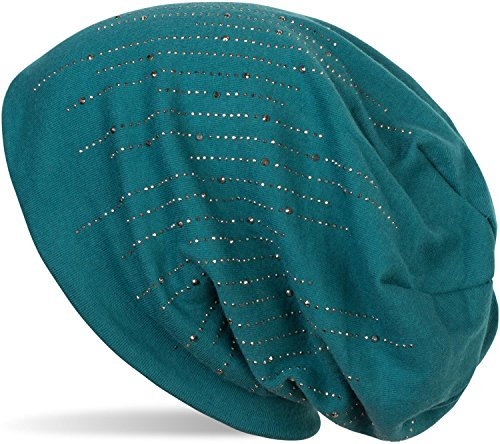styleBREAKER Damen Beanie Mütze mit Strass Nieten im edlen Streifen Design, Slouch Longbeanie, Stoffmütze Einfarbig 04024086, Farbe:Petrol