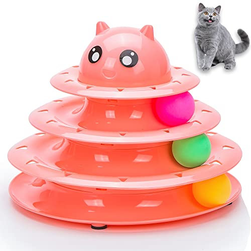 Vealind Cat Toys Bundle 21 PCS Kitten Toy for Indoor Cats Roller Balls Interactive Fun Roller 4 Level Cat Tower for Exerciser Wand Kitty Toy Set (Pink)
