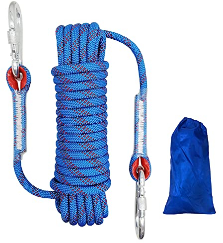 Climbing Rope Diameter 10mm Outdoor Static Cord, High Strength Safety Rope with 2 Carabiner, for Escape, Fire Rescue, Dock Anchoring, Skateboard fixing etc. Blue Length 10m