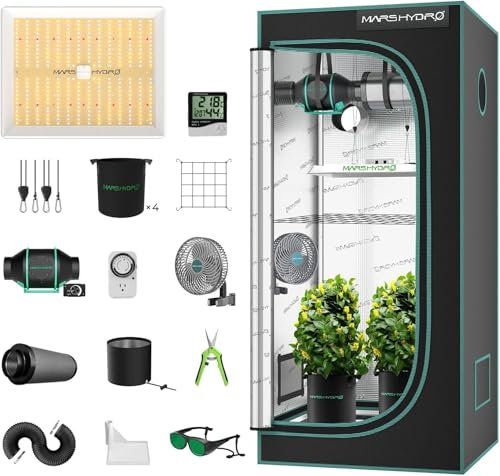 MARSHYDRO TS1000 Grow Tent Kit Complete 2.3x2.3ft LED Grow Light Dimmable Full Specturm Indoor Grow Tent Complete System, 31x31x63 Hydroponics Grow Tent Kit 1680D with 4” Ventilation Kit