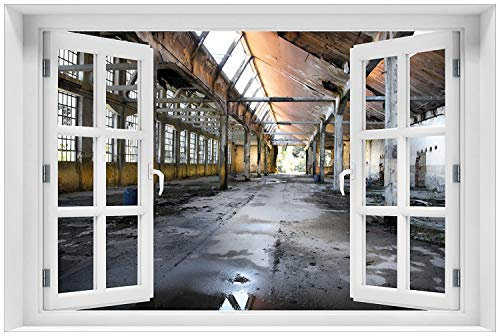 Wallario Glasbild 60 x 90 cm mit Fensterrahmen mit Fenster-Illusion: Alte Industriehalle leerstehend und einsam - Wandbild mit freischwebender Optik