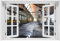 Wallario Glasbild 60 x 90 cm mit Fensterrahmen mit Fenster-Illusion: Alte Industriehalle leerstehend und einsam - Wandbild mit freischwebender Optik