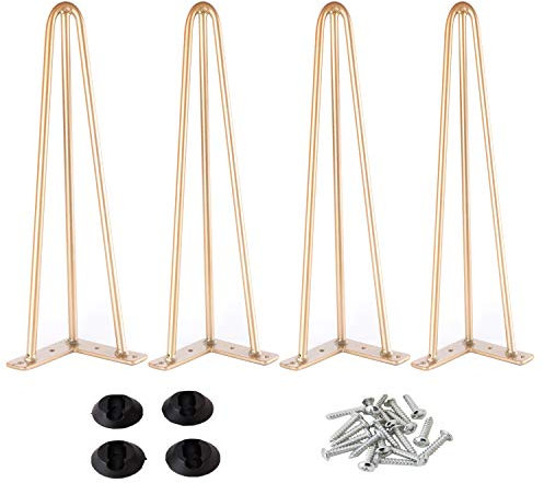 Osring 16 Inch Hairpin Table Legs with 1/2 Dia 3-Rods, Heavy Duty Metal Hairpin Furniture Leg for Coffee Table and Patio Bench, Gold Furniture Feet with Floor Protectors for Home DIY Project, 4 Pack