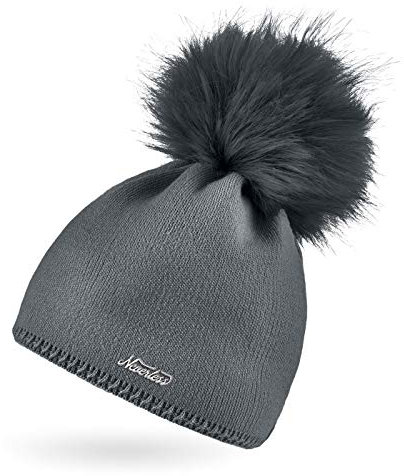 Neverless® Damen Strickmütze Strick-Beanie mit Bommel Winter-Mütze Bommelmütze Feinstrick dunkelgrau