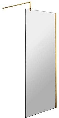 nuie WRSCBB076 Modern Bathroom 8mm Toughened Safety Glass Wetroom Screen with Support Bar, 760mm, Brushed Brass