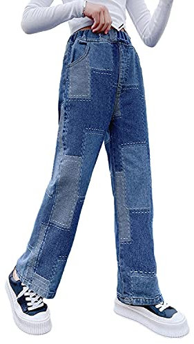 Rolanko Mädchen Jean Hosen Loch Denim Blau Jeans, Vintage Hose mit Weitem Bein für Kinder Fit, Blue Patchwork, Größe: 170