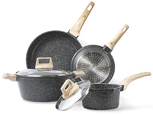 CAROTE Juego de utensilios de cocina de granito, juego de 6 ollas y sartenes antiadherentes, juego de cocina de piedra antiadherente (granito clásico, utensilios de cocina de inducción)