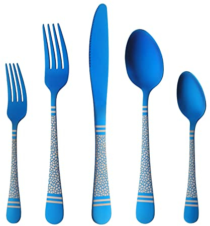 Matt Blau Besteck-Set mit Muster 20-teiliges Besteck-Set Buyer Star Besteck für 4 Personen, Edelstahl-Geschirr-Set, Titan, bunte Utensilien für Küche, Hochzeitsfeier, spülmaschinenfest