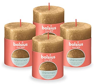 Bolsius Rustic Pillar Candle - Shimmer Gold - Pack of 4 - Long Burning Time of 35 Hours - Interior Decoration - Unscented - Includes Natural Vegan Wax - No Palm Oil - 8 x 7 cm